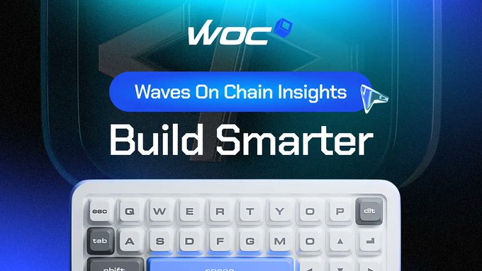 A promotional graphic reads 'WOC Waves On Chain Insights Build Smarter' above a white keyboard against a blue background.