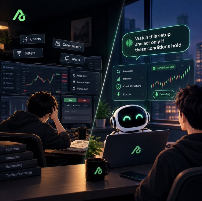 A promotional illustration showing a person at a trading desk with multiple screens displaying charts, alongside a white robot with green eyes and floating UI elements like Charts, Filters, and Alerts.