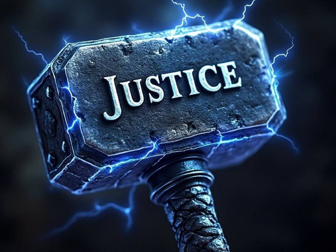 A powerful, stone hammer crackles with blue lightning, its head inscribed with the word "JUSTICE," symbolizing the incoming regulatory clarity for cryptocurrencies like $XRP, $XLM, and $HBAR. This imagery directly relates to the post's message of the "CLARITY ACT" finally bringing an end to excuses and ushering in a new era for these digital assets.