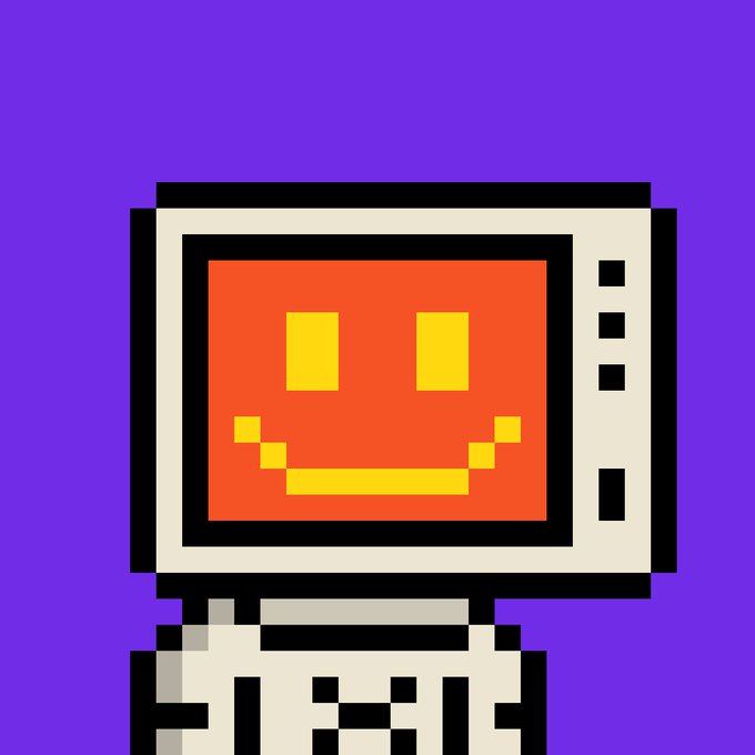 A pixel-art illustration of a retro computer monitor displaying a yellow smiley face on an orange screen, accompanied by a keyboard, set against a purple background—evoking a nostalgic, tech-themed vibe that complements the post's mention of "banger tek" and the @bangerbots partnership.