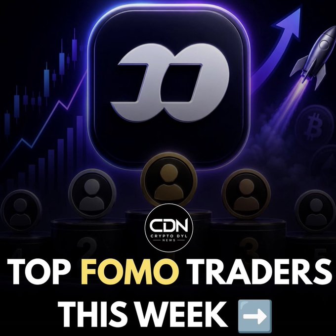 A promotional graphic from Crypto Dyl News (CDN) titled 'TOP FOMO TRADERS THIS WEEK', featuring a large app icon, trader avatars on a podium, a rising stock chart, and a rocket ship against a purple background.