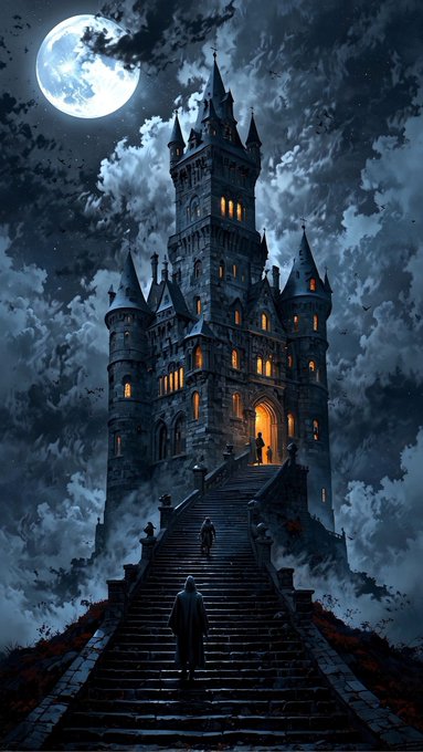 A digital illustration depicts a tall, gothic castle illuminated from within under a full moon, with silhouetted figures climbing a long stone staircase leading to the entrance.