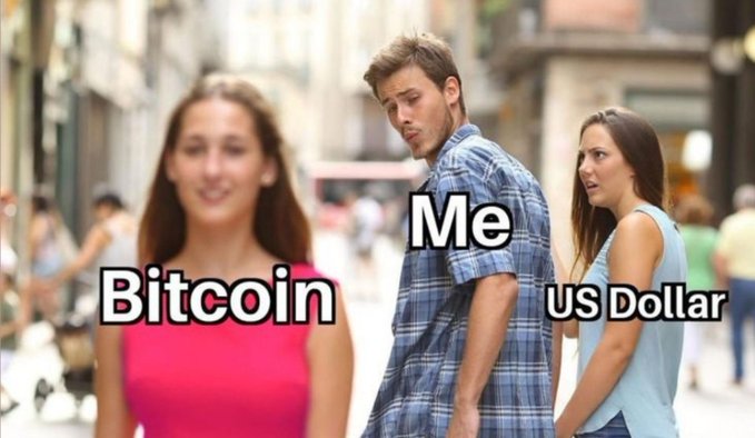 The image is the classic "Distracted Boyfriend" meme, where the man labeled "Me" is checking out a woman labeled "Bitcoin" while his partner labeled "US Dollar" looks on in disapproval—capturing the feeling of being tempted to ditch the US Dollar for Bitcoin's allure.
