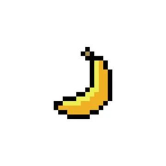 A pixel art banana icon with a black outline and yellow/orange fill on a white background.