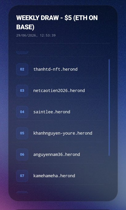 A dark-themed digital display showing 'WEEKLY DRAW - $5 (ETH ON BASE)' dated 29/06/2026 at 12:53:39, listing winners numbered 02-07 with usernames ending in '.herond'.