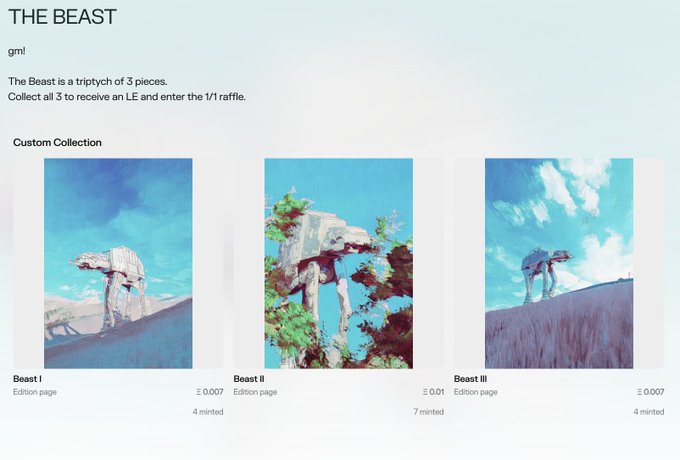 Screenshot of a custom NFT collection titled 'THE BEAST' with three triptych pieces showing AT-AT walker paintings in scenic landscapes, including mint counts and edition pages.