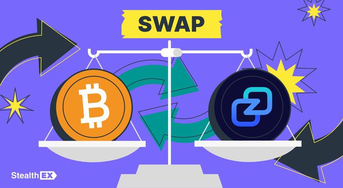 An illustrated scale balances a Bitcoin (₿) coin against a dark coin representing the Zano logo, with a yellow "SWAP" banner at the top and circular arrows in the center indicating a cryptocurrency exchange. The StealthEX branding appears in the bottom-left corner, visually promoting the swap of Zano ($ZANO) on the platform as described in the accompanying post.
