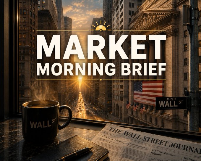 A promotional graphic titled 'MARKET MORNING BRIEF' showing a black 'WALL ST' coffee mug, a newspaper, and a view of Wall Street with the Stock Exchange building and an American flag at sunrise.