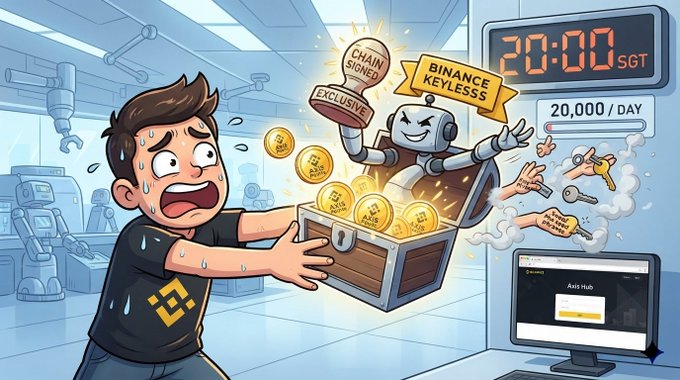 A cartoon illustration showing a panicked man holding a treasure chest overflowing with BTC coins being attacked by a robot with signs reading "CHAIN SIGNED," "EXCLUSIVE," and "BINANCE KEYLESS," alongside a monitor showing "20:00 SGT" and "20,000 / DAY."