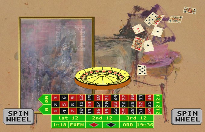 The image features a poster with a spinning wheel game and various playing cards scattered around it. The main focus of the image is a large yellow roulette wheel that has numbers 1 through 12 written on it, indicating the different spins possible for the roulette wheel. There are also several playing cards in the scene, including a deck of cards and a poker hand. The background of the poster is a beige color with some purple splatters, giving the image an artistic and creative feel.