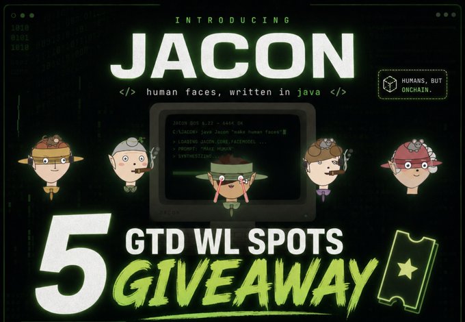 The image is a promotional banner introducing JACON, a blockchain project featuring Java-coded human faces, with five cartoon character portraits displayed alongside a computer terminal showing code. The banner advertises a giveaway of 5 guaranteed whitelist spots, complementing the post's announcement of a partnership to reward community members.