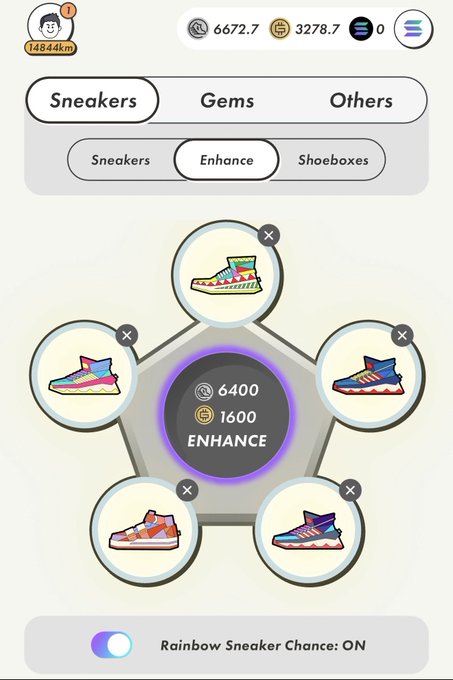 The image shows a phone screen displaying an app called "Rainbow Sneaker Chance!". The app has five different sneakers, each with unique colors and designs, arranged in a circular pattern. The user can choose one of these sneakers by tapping on them or selecting their preferred option from the options provided. The post also mentions that there is a "Rainbow Sneaker Chance!" feature available for users to enhance their chances of winning a prize.