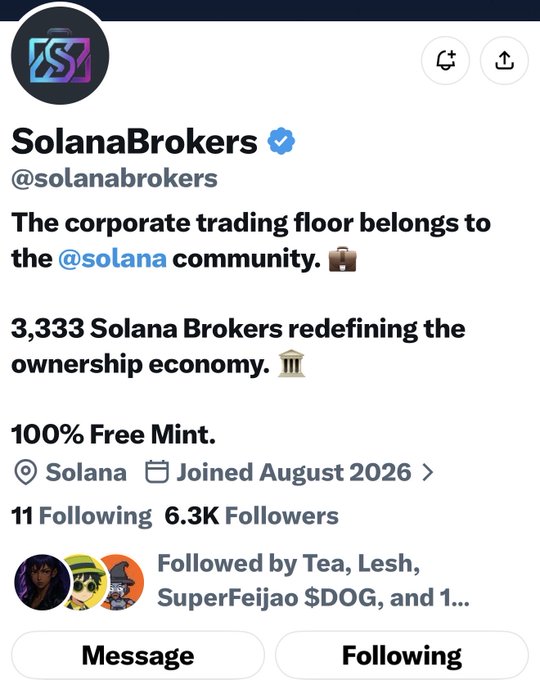 The image shows the verified Twitter profile of @solanabrokers, featuring the Solana Brokers logo, a bio promoting "3,333 Solana Brokers redefining the ownership economy" with a "100% Free Mint" on Solana, and stats showing 11 Following and 6.3K Followers. The accompanying post highlights how this NFT collection transcends typical PFPs by channeling creator royalties from secondary sales into a community-governed Brokerage Vault, aligning with the profile's focus on community ownership.