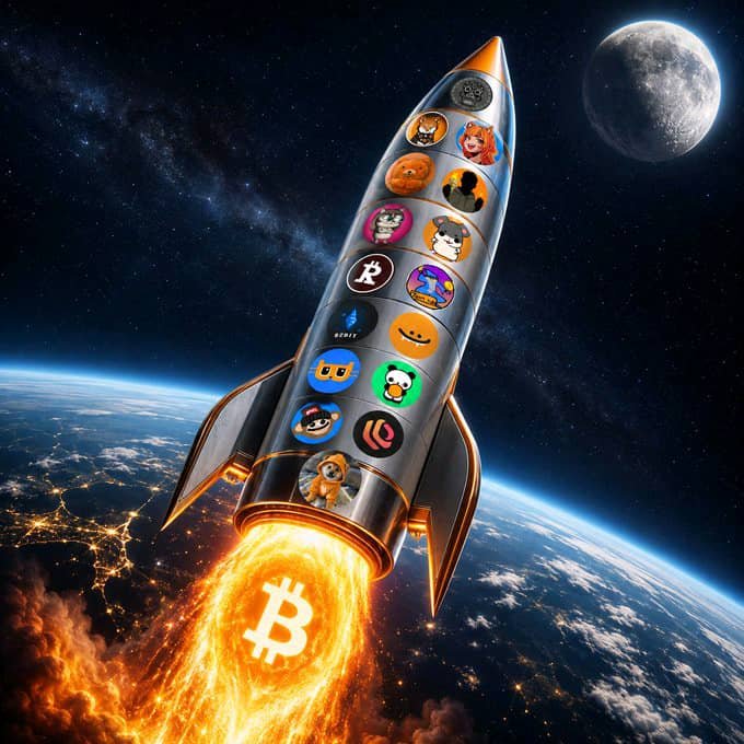 A silver rocket decorated with various memecoin logos and icons blazes toward the moon with a Bitcoin "₿" emblem burning in its fiery exhaust trail, symbolizing the crypto and memecoin rally's seemingly imminent "to the moon" trajectory referenced in the post.
