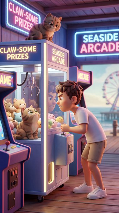 The image features a cartoon boy playing with a claw-some prize machine at an arcade. The boy is standing next to the claw, looking into its window as he interacts with the game. There are several stuffed animals inside the claw-some machine, adding to the fun and excitement of the scene.