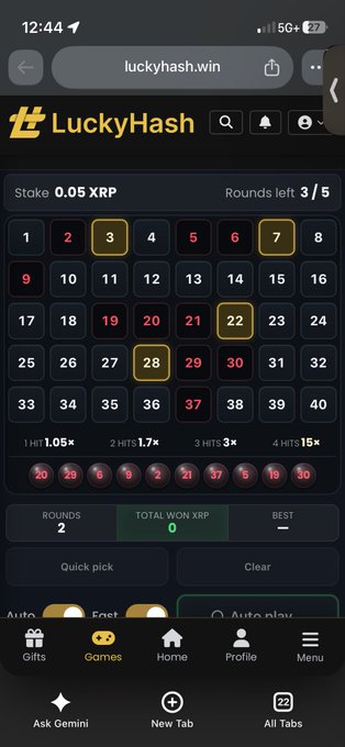 Mobile screenshot of the LuckyHash gambling website showing a Keno-style game with numbers 1-40, a stake of 0.05 XRP, 3/5 rounds left, and selected numbers highlighted (3, 7, 22, 28).