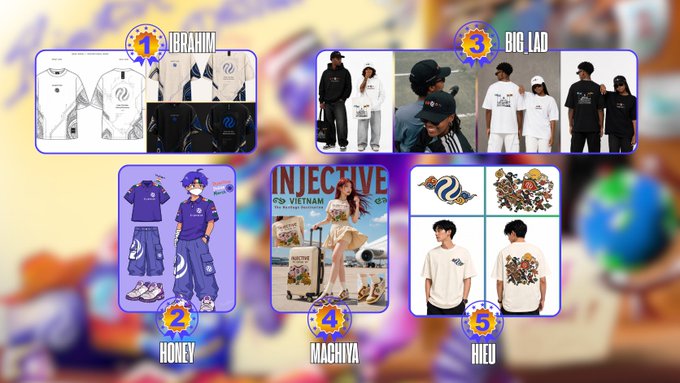 A colorful promotional graphic displays streetwear brand designs in panels labeled IBRAHIM, BIG LAD, HONEY, MAGHYA, and HIEU, with a central poster reading 'INJECTIVE FS VIETNAM The Premier Destination'.