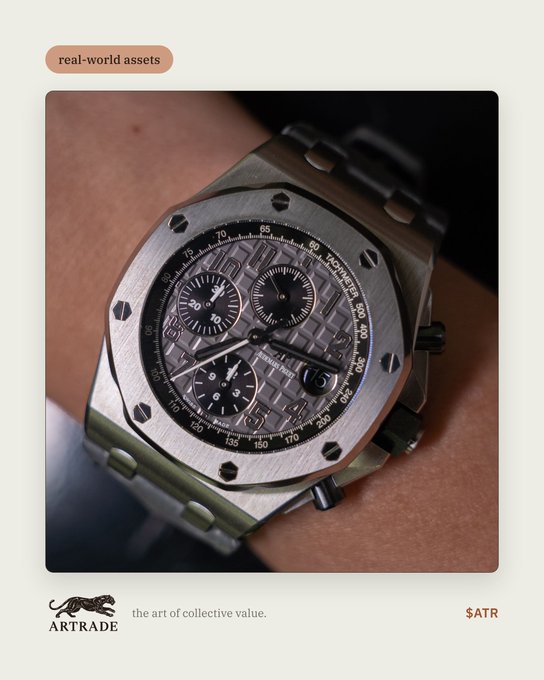A luxury Audemars Piguet Royal Oak Offshore chronograph watch worn on a wrist, displayed in an Artrade promotional graphic with the tagline "the art of collective value" and the $ATR ticker, illustrating a tokenized real-world asset that can be traded instantly via atomic swaps.