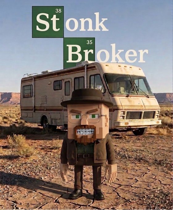 A meme featuring a Breaking Bad 'Walter White' 3D voxel character standing in a desert with an RV, overlaid with periodic table elements forming the text 'Stonk Broker' (Stannum and Bromine).