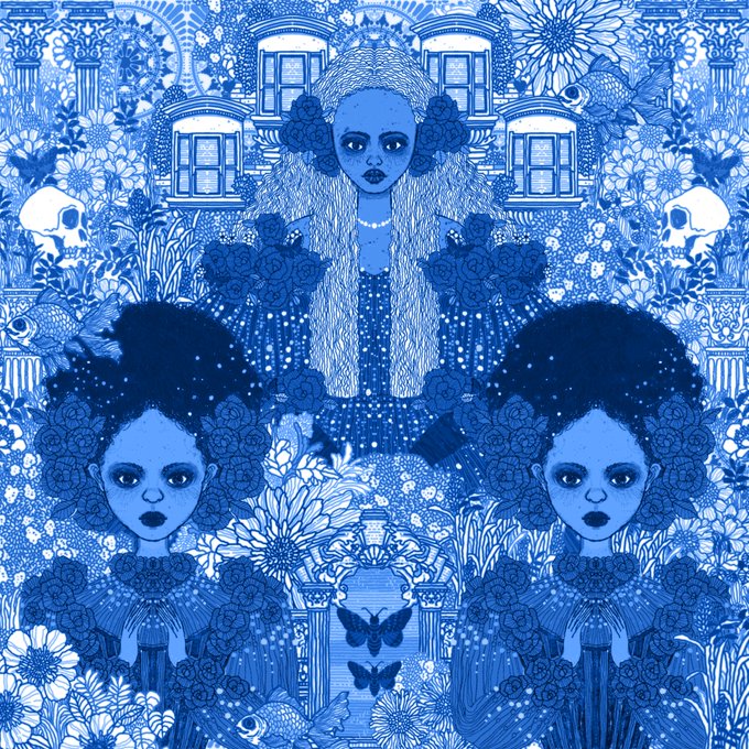 An intricate blue and white illustration featuring three large-eyed girls surrounded by detailed floral patterns, windows, skulls, and butterflies.