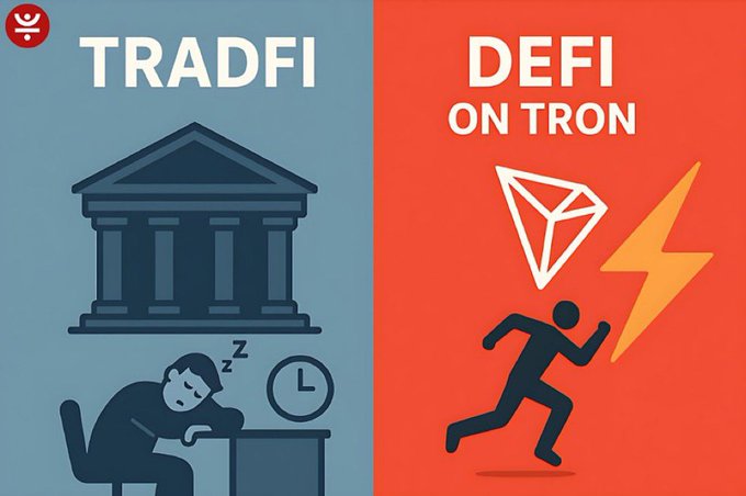 This image contrasts slow traditional finance ("TradFi"), depicted by a sleeping figure and a bank, with fast decentralized finance on #TRON, symbolized by a running figure and a lightning bolt. The #TRON logo is also visible.