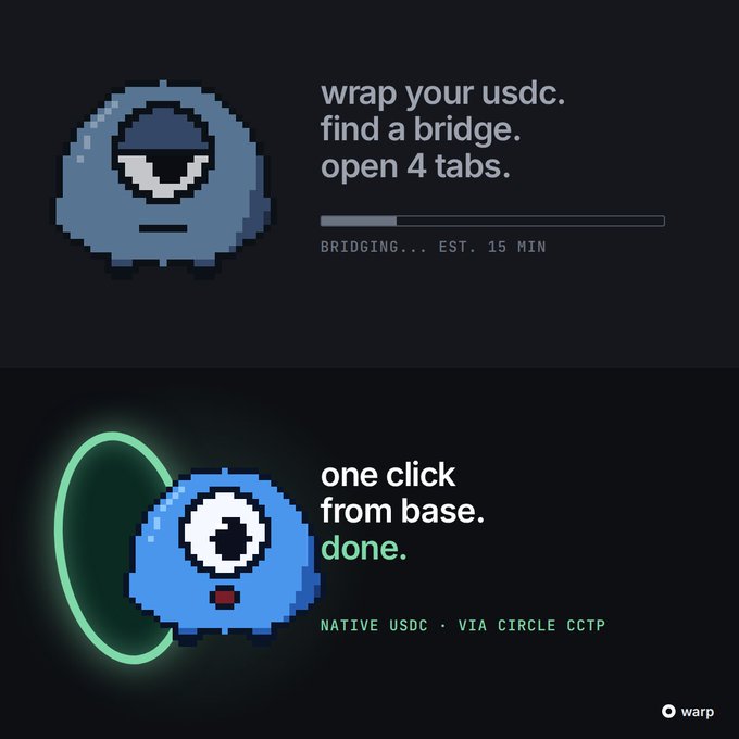 An advertisement contrasting the complexity of wrapping USDC and using bridges (with an estimated 15 minute bridging time) versus using 'warp' for native USDC via Circle CCTP with one click from Base.