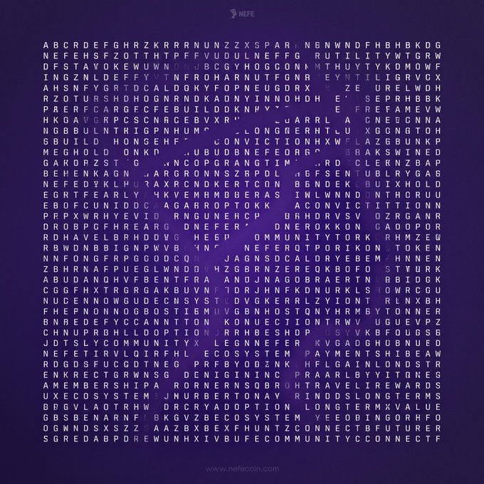 Word search puzzle with a 'NEFE' logo and 'www.nefecoin.com' URL at the bottom, containing words like 'BLOCKCHAIN', 'CRYPTO', 'PAYMENT', 'ECOSYSTEM', and 'CONNECT'.