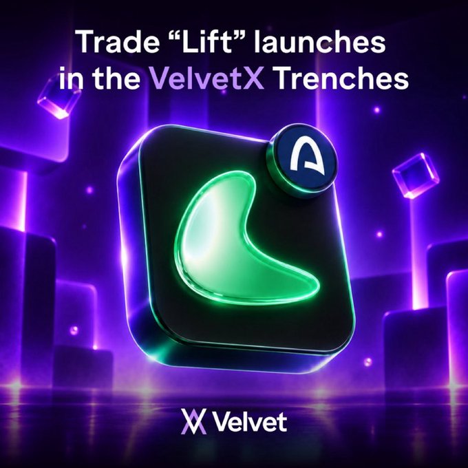 A purple neon-themed promotional graphic for 'VelvetX' announcing that 'Trade "Lift" launches in the VelvetX Trenches,' featuring a glowing green bean-shaped object in a 3D cube.