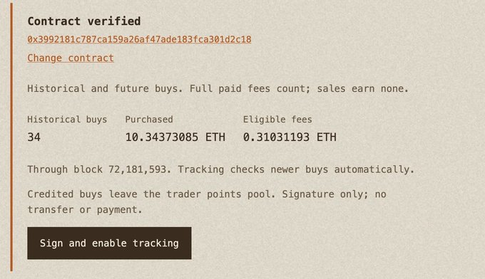 Screenshot of a cryptocurrency contract verification page showing contract address 0x3992181c787ca159a26af47ade183fca301d2c18, with 34 historical buys totaling 10.34373085 ETH purchased and 0.31031193 ETH in eligible fees.