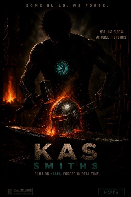 A cinematic poster titled 'KAS SMITHS' featuring a muscular silhouetted blacksmith forging a helmet on an anvil, with text reading 'SOME BUILD. WE FORGE.', 'NOT JUST BLOCKS. WE FORGE THE FUTURE.', and 'BUILT ON KASPA. FORGED IN REAL TIME.'