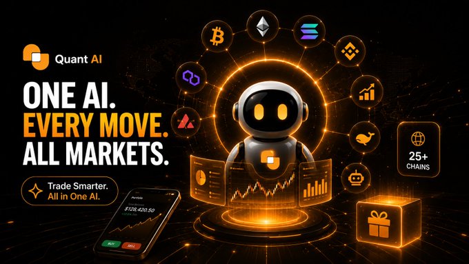 Marketing image for 'Quant AI' featuring a glowing robot character surrounded by cryptocurrency logos (Bitcoin, Ethereum, Solana, etc.) with text 'ONE AI. EVERY MOVE. ALL MARKETS.' and '25+ CHAINS'.