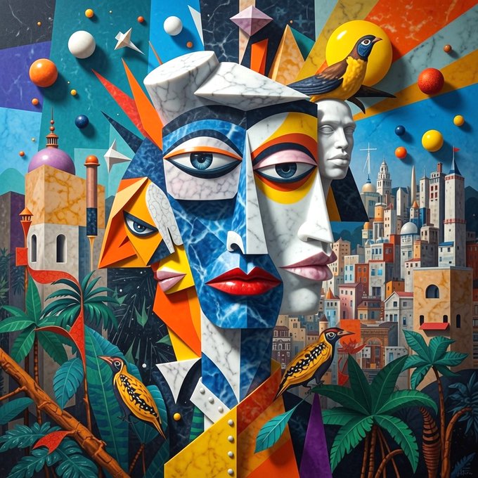 A vibrant cubist-style artwork featuring fragmented faces in blue, white, and yellow tones surrounded by colorful birds, geometric shapes, and a cityscape with palm trees.