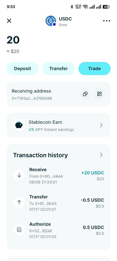 A screenshot of a USDC wallet on the Base network showing a $20 balance, with the transaction history highlighting a "Receive" entry of +20 USDC, which represents the giveaway deposit mentioned in the post.