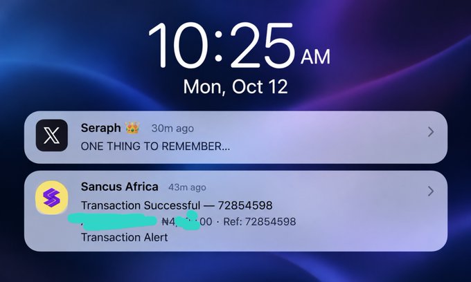 An iPhone lock screen displays the time '10:25 AM' on 'Mon, Oct 12', with notifications from 'Seraph' and 'Sancus Africa' showing a transaction alert for '₦4,500.00 - Ref: 72854598'.