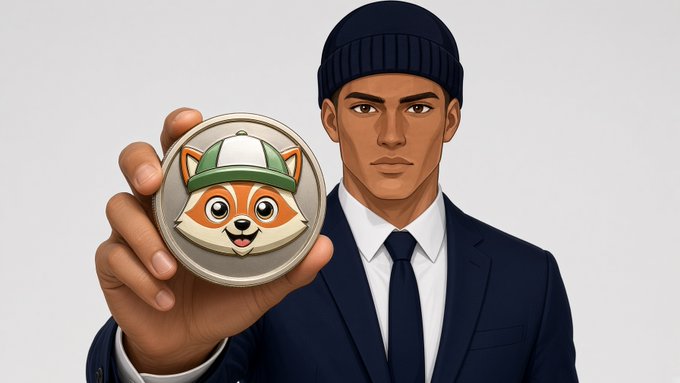 An illustrated character wearing a black beanie and dark suit holds up a coin featuring a cartoon Shiba Inu dog wearing a green and white cap.