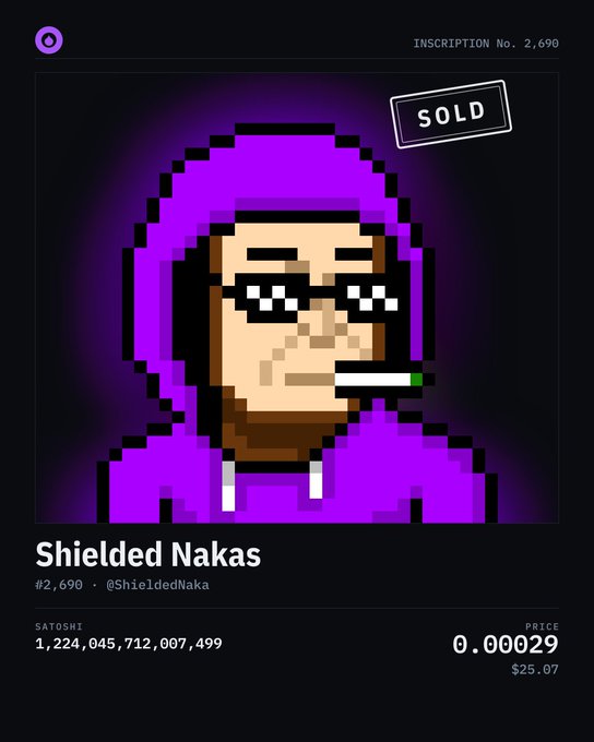 A pixel art NFT listing titled 'Shielded Nakas' shows a hooded character with sunglasses and a joint, marked as 'SOLD' with a price of 0.00029.