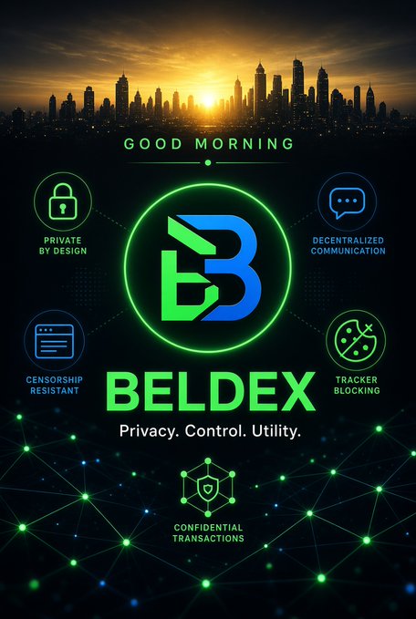 A promotional graphic for 'BELDEX' featuring a city skyline at sunset, highlighting features: 'PRIVATE BY DESIGN', 'DECENTRALIZED COMMUNICATION', 'CENSORSHIP RESISTANT', 'TRACKER BLOCKING', and 'CONFIDENTIAL TRANSACTIONS'.