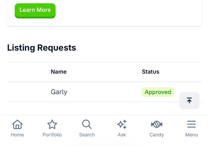 A mobile app screenshot shows a 'Listing Requests' page with an entry for 'Garly' marked 'Approved' in green, alongside a bottom navigation menu with options for Home, Portfolio, Search, Ask, Candy, and Menu.