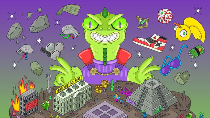 A cartoon illustration of a green dragon-like villain in a purple outfit surrounded by floating objects including sneakers, money, gems, and sunglasses, with miniature buildings and a 'Snapshots Mint' sign at its feet.