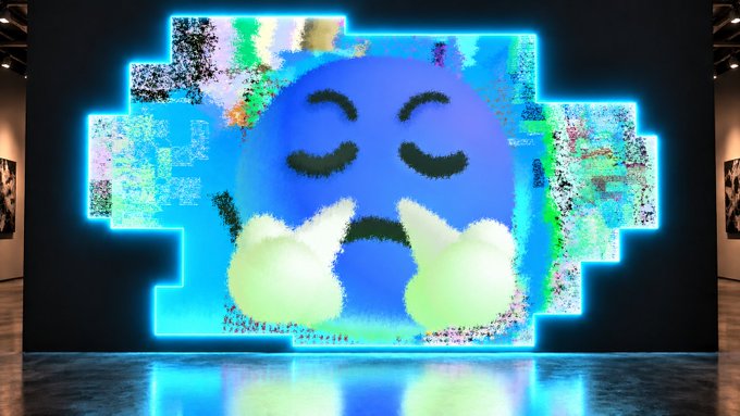 A large digital art display in a gallery showing a distressed blue emoji face with hands covering its mouth against a glitchy pixelated background.