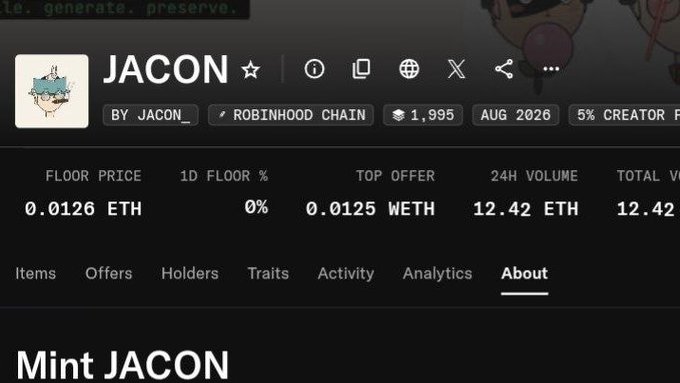 A NFT collection page for 'JACON' by JACON_ on Robinhood Chain, showing a floor price of 0.0126 ETH, top offer of 0.0125 WETH, and 24H volume of 12.42 ETH.