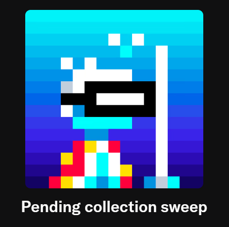 A pixel art graphic of a character with a VR headset next to a vertical bar with a blue gradient background and text saying 'Pending collection sweep'.