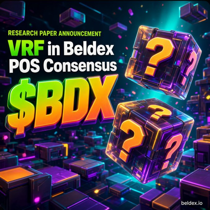 A promotional graphic announces a 'RESEARCH PAPER ANNOUNCEMENT' about 'VRF in Beldex POS Consensus' with '$BDX' prominently displayed alongside glowing mystery block cubes, watermarked beldex.io.