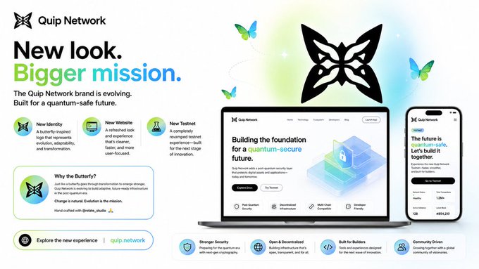 The image is a promotional graphic for Quip Network's rebranding, featuring their new butterfly-inspired logo and the tagline "New look. Bigger mission." It showcases the updated website design across laptop and mobile mockups, emphasizing their quantum-secure infrastructure, Proof of Useful Work innovation, and ecosystem statistics including a $124,096 FDV and 1.26M+ Health metric. This visual directly supports the post's message by highlighting how Quip Network ($QUIP) is replacing energy-wasteful proof-of-work mining with their more efficient, useful-work approach.