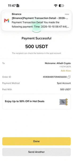 Screenshot of a Binance payment confirmation showing 500 USDT was successfully sent to nickname "Alfadil Crypto" with UID 1157412879, matching the first transaction mentioned in the giveaway post.