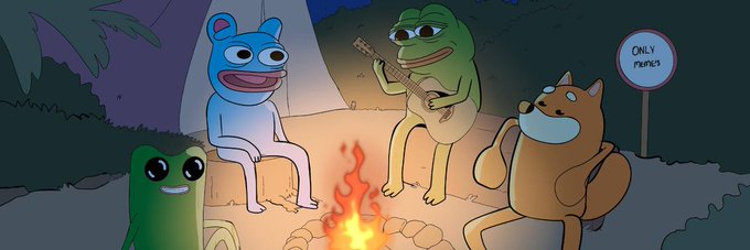 A cartoon scene of various meme characters—a blue cat, a green frog playing guitar, a green slug, and a brown dog—gathered around a campfire, with a sign reading "ONLY MONKES" in the background, matching the playful crypto giveaway vibe of the post from @GomeJpeg and @its_lucradao.