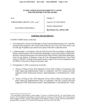 A court document from the United States Bankruptcy Court for the District of Delaware in the case of Terraform Labs PTE. LTD., et al., Chapter 11, Case No. 24-10070 (RLS), dated September 3, 2024, outlining the Certificate of Service.
