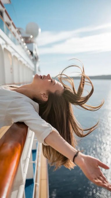 A young woman in a white shirt leans back over the railing of a cruise ship with her hair blowing in the wind against a blue ocean and sky backdrop.
