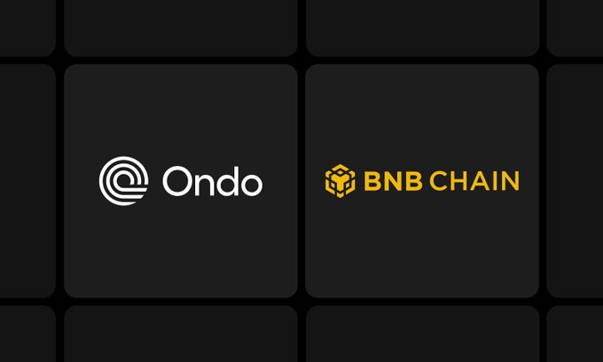 A dark graphic displaying the logos of Ondo and BNB Chain side by side, suggesting a partnership or integration between the two blockchain platforms.