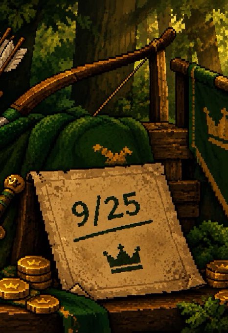 A pixel-art scene shows a weathered parchment scroll displaying "9/25" above a crown emblem, set against a forest backdrop with green banners, a wooden chest, and gold coins. The scroll's date reinforces the post's call to "save the date," while the royal crowns and treasure imagery evoke the exclusivity and hype-building ("bring the fomo") surrounding the announced 200 spots.
